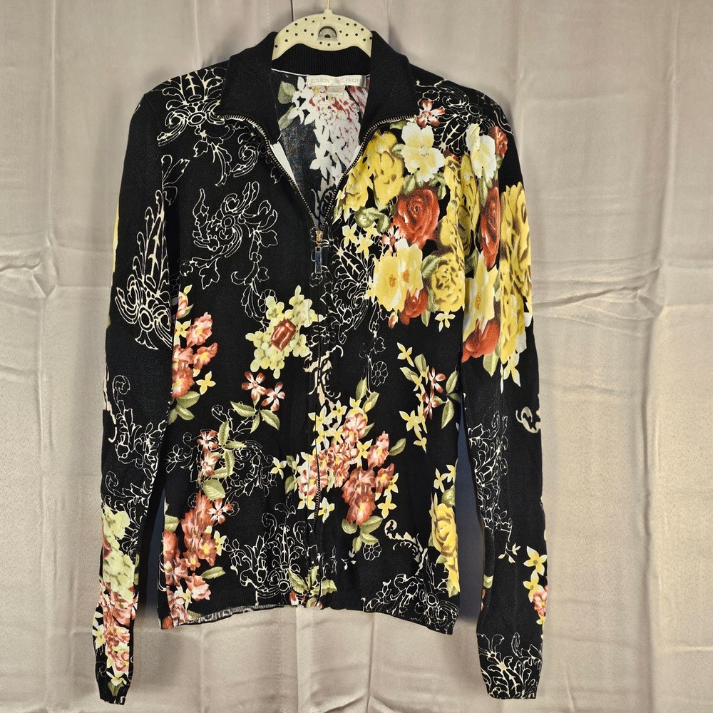 Boston Proper Womens Black Floral Full Zip Cardigan Sweater‎ Medium
